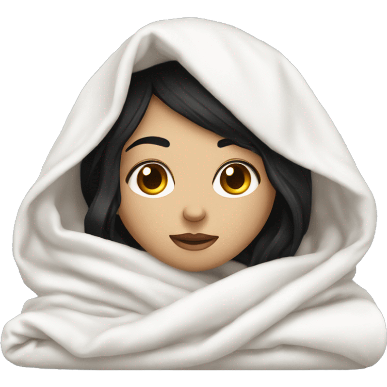 Pale Girl with black hair  laying down cozy in a white blanket emoji