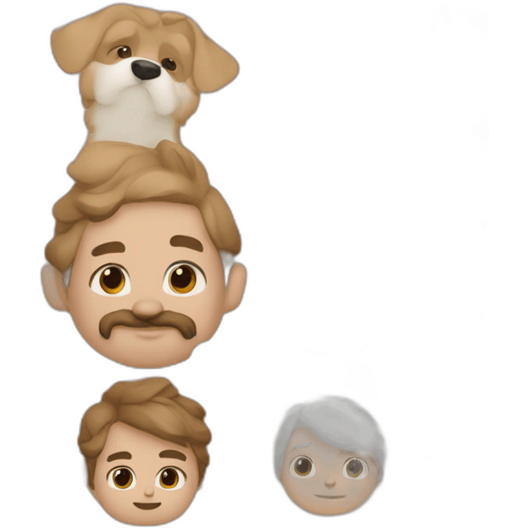 Un hombre con cara ancha ojos celestes y un perrito de color blanco y marron emoji