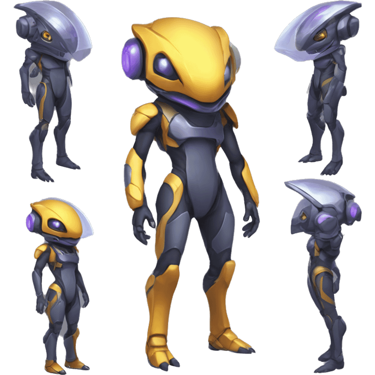 a Reptile-Genesect-Raptor-Fakémon with a futuristic visor-helmet and wearing a techwear-suit Full Body emoji