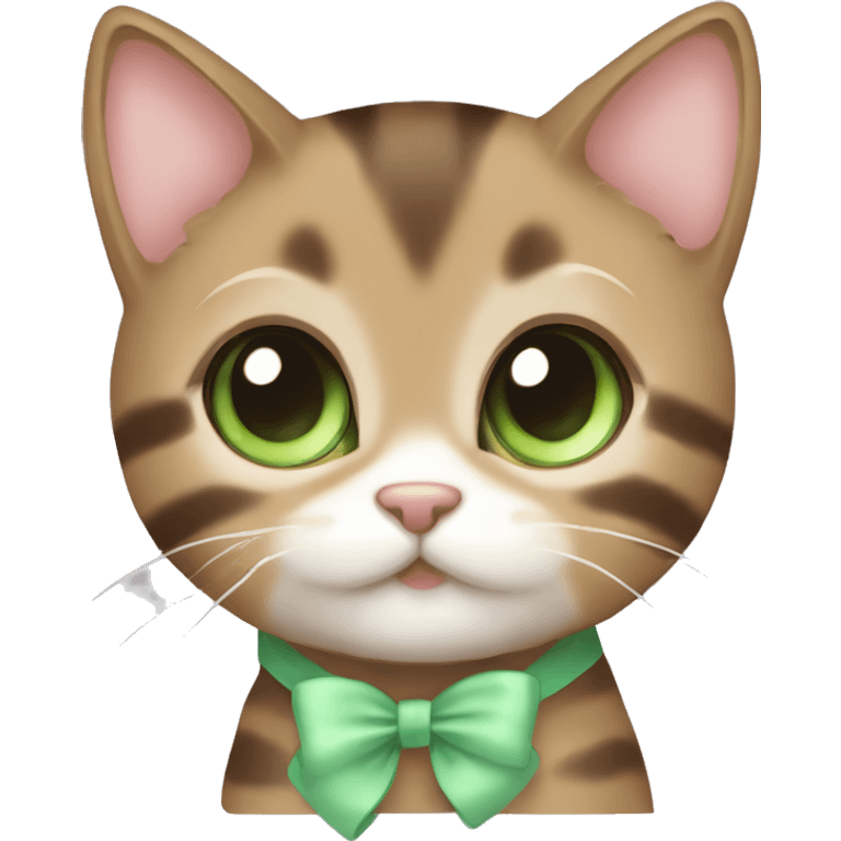 kawaii brown tabby kitten with green eyes and pastel green bow emoji