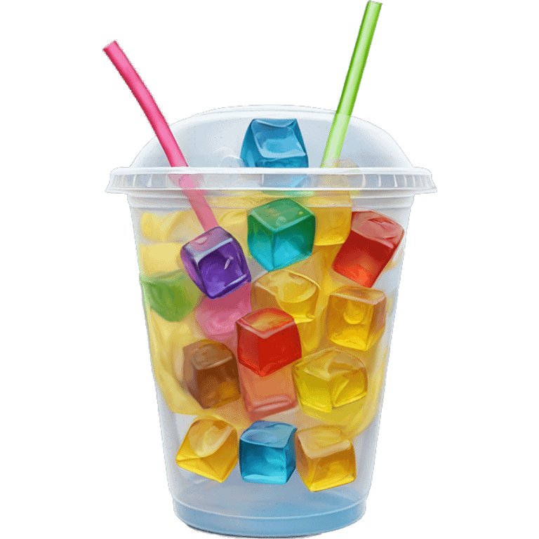 Realistic plastic cup and lid with colored soda and large ice cubes inside and colorful straw poked through the top of the lid. emoji