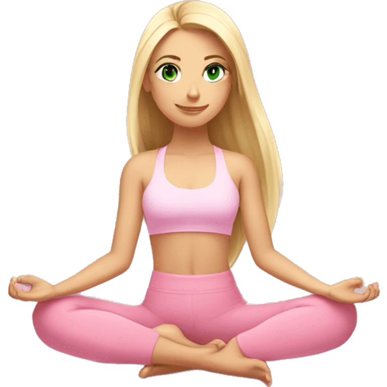 blonde long hair and green eyes yoga beautiful girl in light pink pink pink clothes sitting on a yoga mat emoji