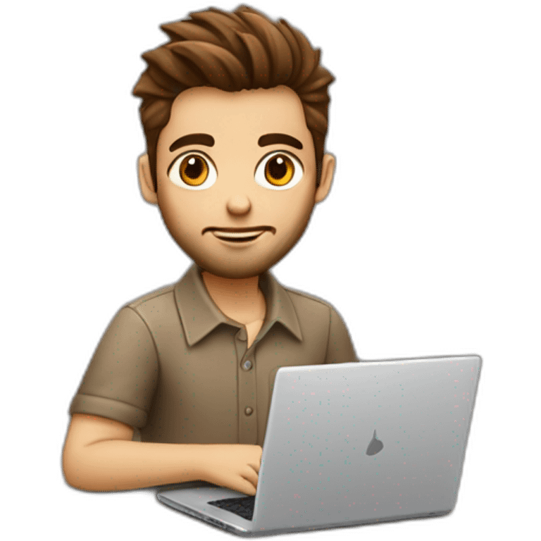 Wearing a shirt No glasses Cute programmer on his laptop looking front with a brown quiff as a hair and brown eyed with a bit of a beard emoji