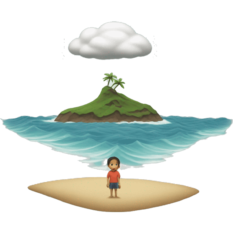 A tiny person standing on a deserted island, surrounded by waves, with a single cloud above their head emoji