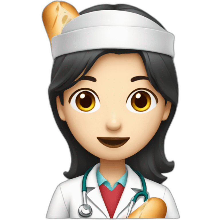 dark hair doctor girl eating french baguette emoji