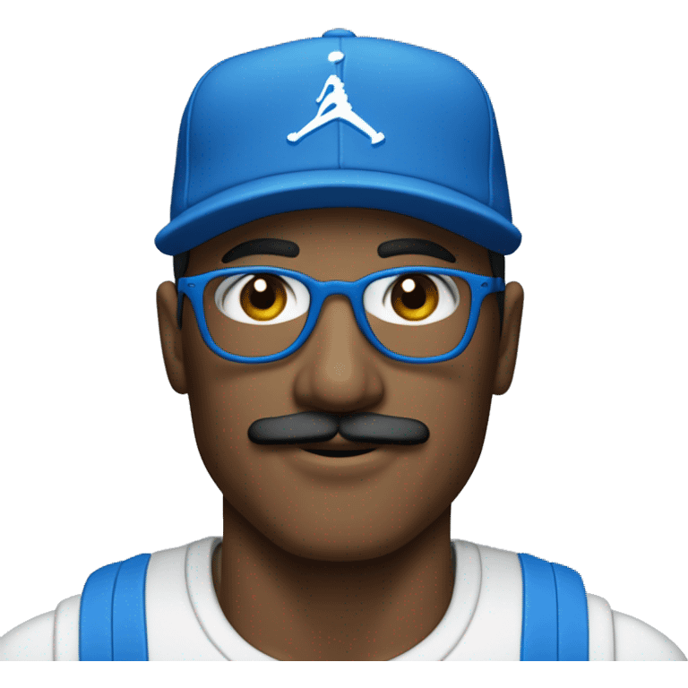 Homme peau blanche avec une moustache portant des lunettes bleues , une casquette jordan bleu , un survêtement bleu emoji