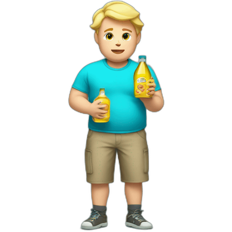 Fat blonde boy in a cyan shirt holding a bottle of cooking oil emoji