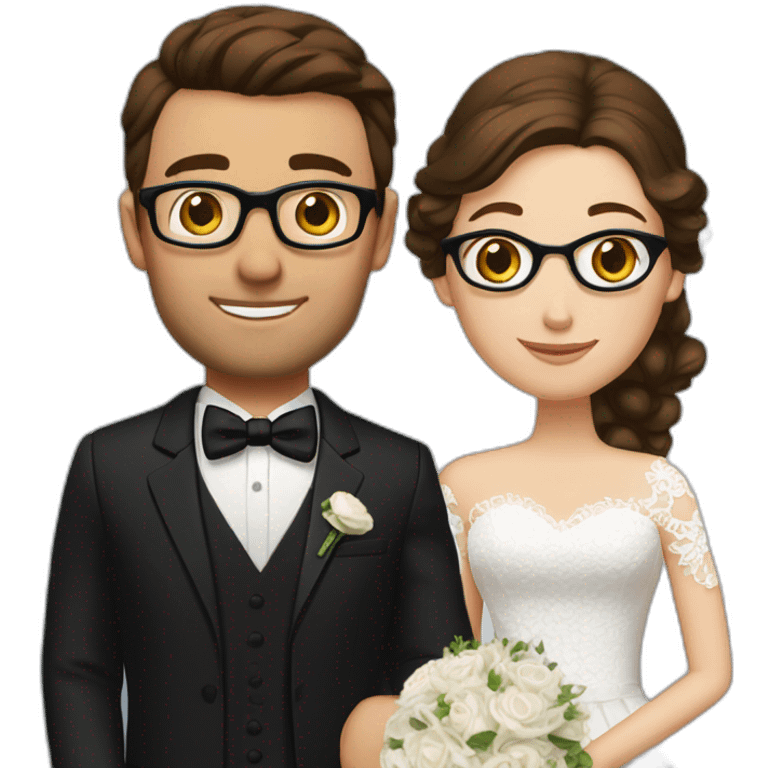 Wedding couple. Bride has brown hair pinned up. She wears lace dress. She has blue eyes. Groom has black suit and black vest. He has brown hair. He wears glasses. He has brown eyes t emoji