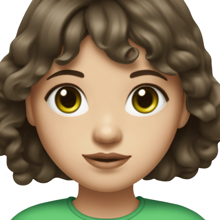 realistic portrait of girl with curtain bangs and wavy dark brown hair with green eyes and fair skin and a round face with soft features emoji