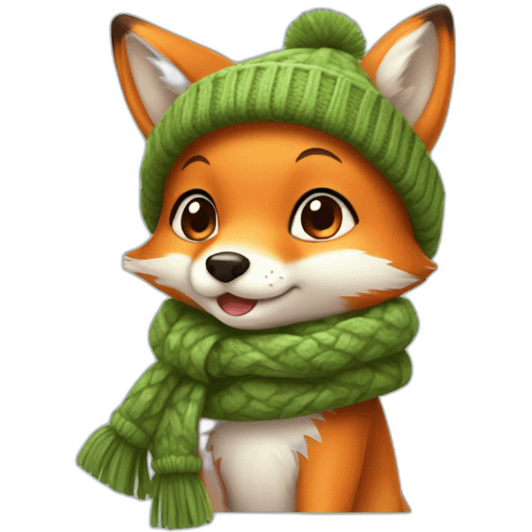 A cute little charming fox cub in a winter hat and scarf emoji