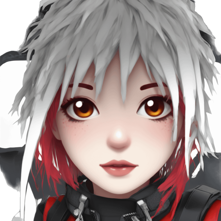 Gorgeous techwear anime style lady with blushing face aesthetic and pretty edgy black red white punk messy hair with collar and harness trending style emoji