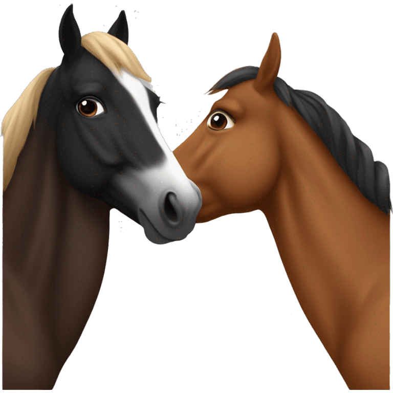 2 horses are kissing each other. One is black with white nose and the other one is chestnut  emoji