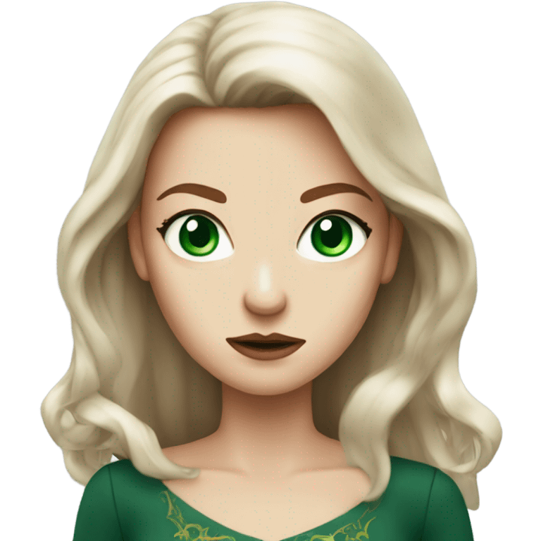 Rich woman, red long hair,  pale-skin, emerald green-eyes, angry emoji