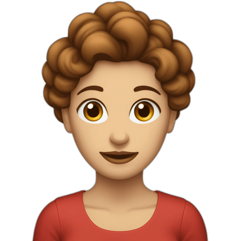 mujer con pelo pelirrojo, ondulado y hasta el pecho, con ojos marrones verdosos y muy sonriente con una mano levantada emoji