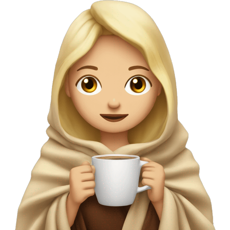 girl inside a blanket sipping coffee eyes closed with blonde hair emoji