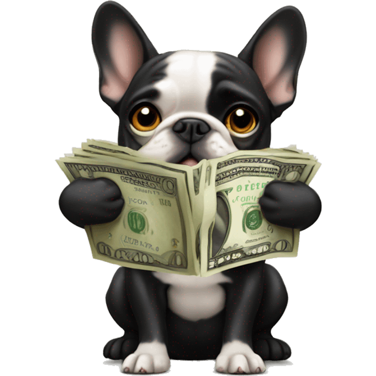 Black-and-tan French bulldog paying money emoji