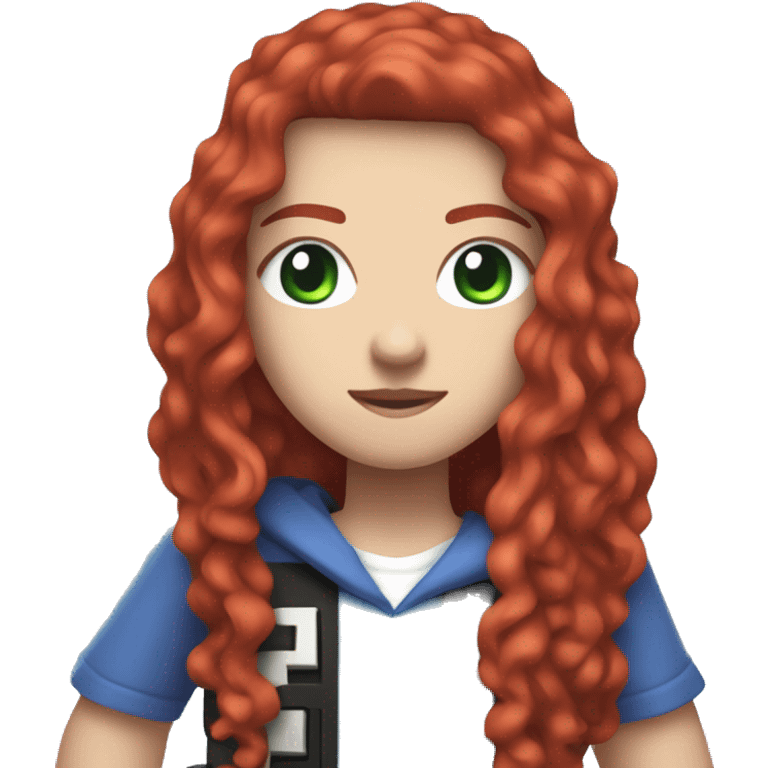 a white girl with long red curly hair, wearing periwinkle Minecraft hoodie holding a controller emoji