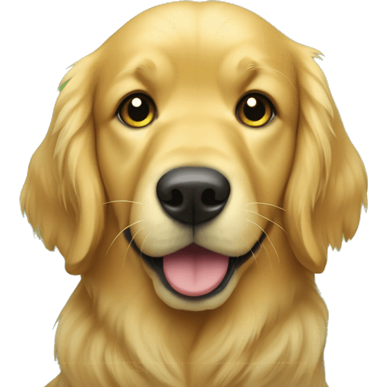 Golden retriever with a green collar and a gold me dal  emoji