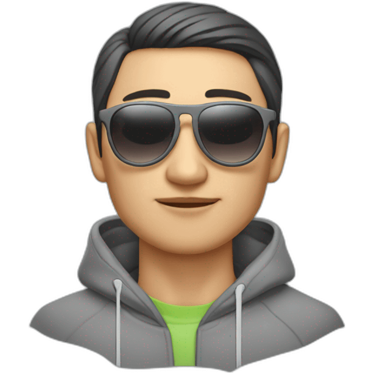 kazakh guy with sunglasees in grey hoody smoking sigarete with airpods emoji