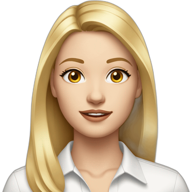 young woman with grey eyes and straight shoulder length blonde hair wearing a white button up and golden hoop earrings emoji