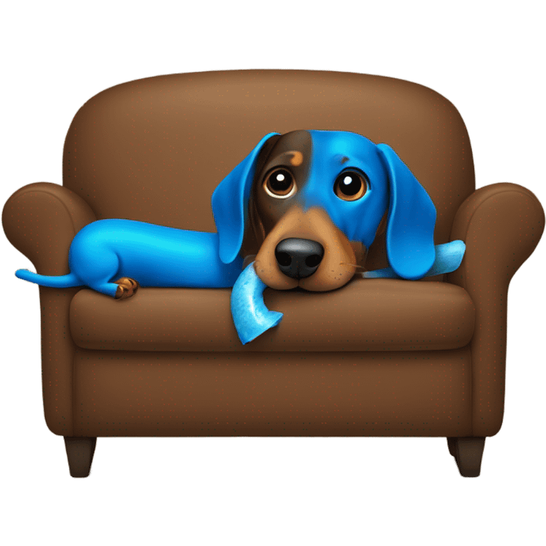 Dachshund eating a blue bone on a brown couch emoji