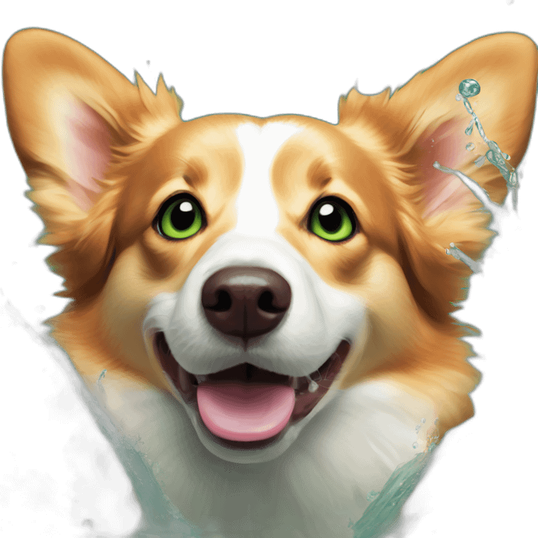 Duck tolling retriever corgi with green eyes jump in water emoji