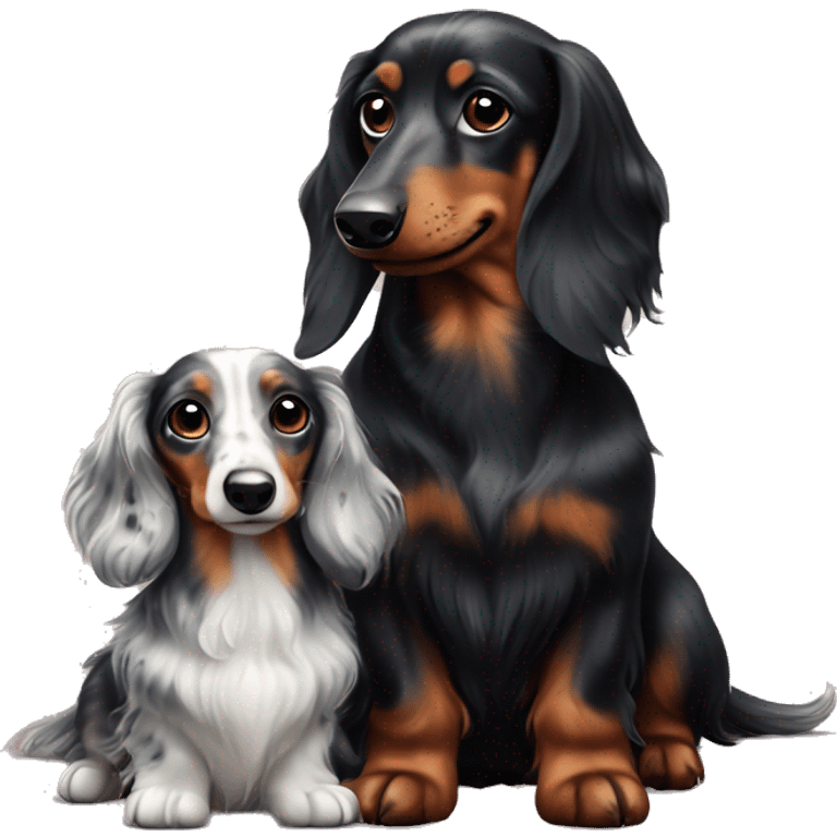 Long-haired black merle dachshund with small one  emoji