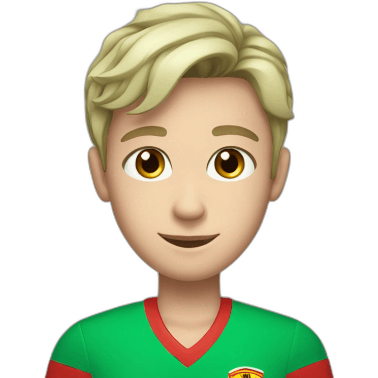 A smiling white teen with a long face in red Ferrari jersey with very short black hair and light green eyes and dig cheeks emoji