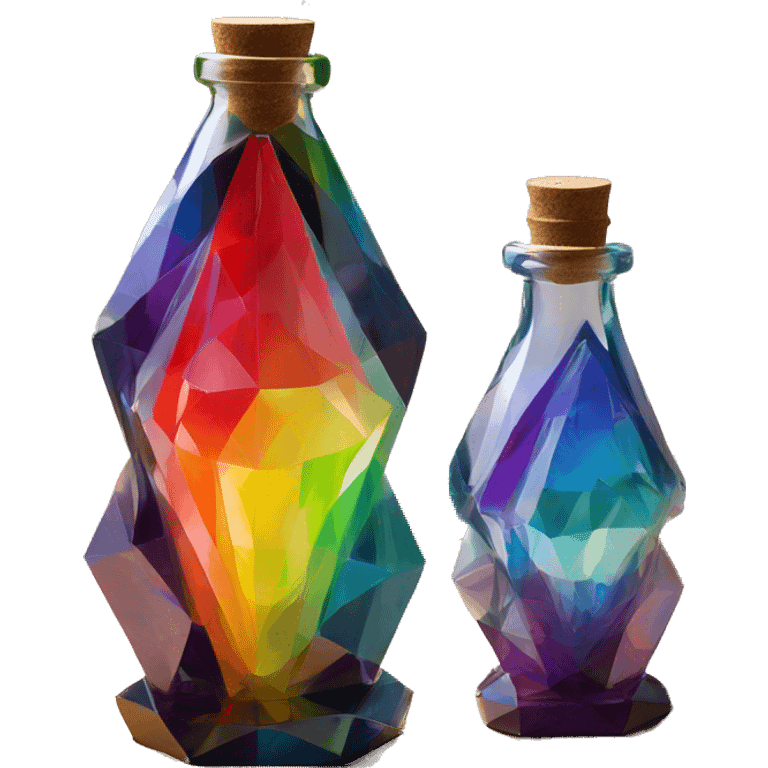 symbolic all-energies in a bottle sculpture symbolizing chromatic light with a geometric, faceted design. The bottle is standing upright with angular and baroque features. The vibrant rainbow of colors highlights the sharp edges and planes.  emoji