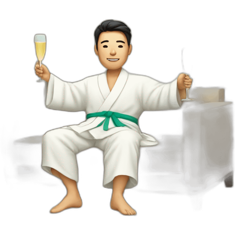 A Korean man in a bathrobe on the sofa with a glass of champagne emoji