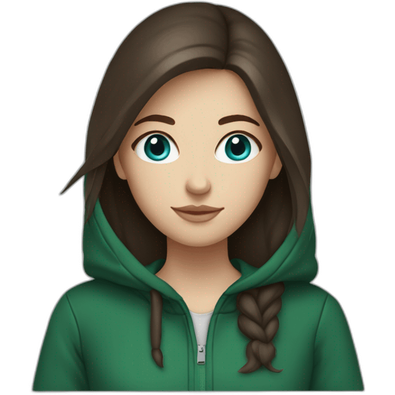 White girl with blue eyes and darkbrown hair wearing a darkgreen hoodie  emoji