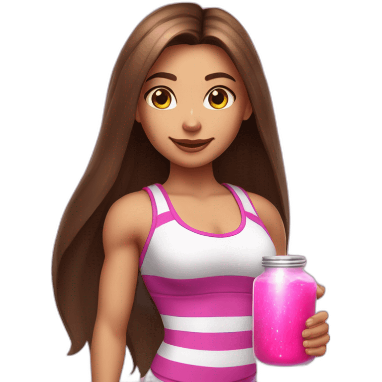 fitness girl with straight long brown hair, wearing silver bracelets and a white stripes tops and holding a pink magic potion emoji