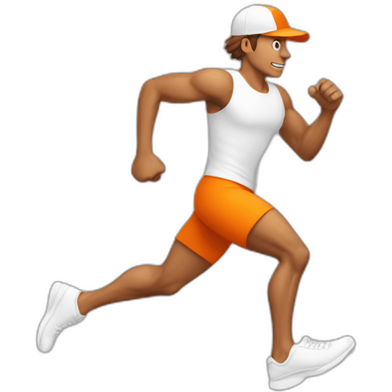 tanned man running with white shoes and orange cap emoji