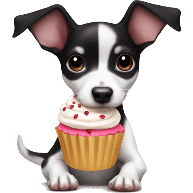 Black and white rat terrier puppy (no brown) eating a cupcake emoji