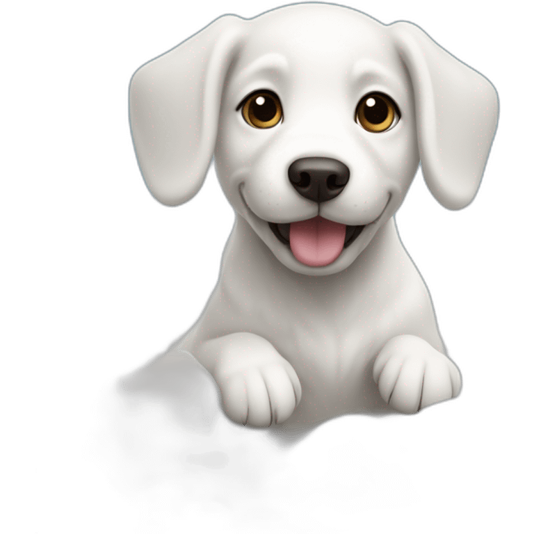 a white puppy with its upper body emerging from the swirling clouds, emoji