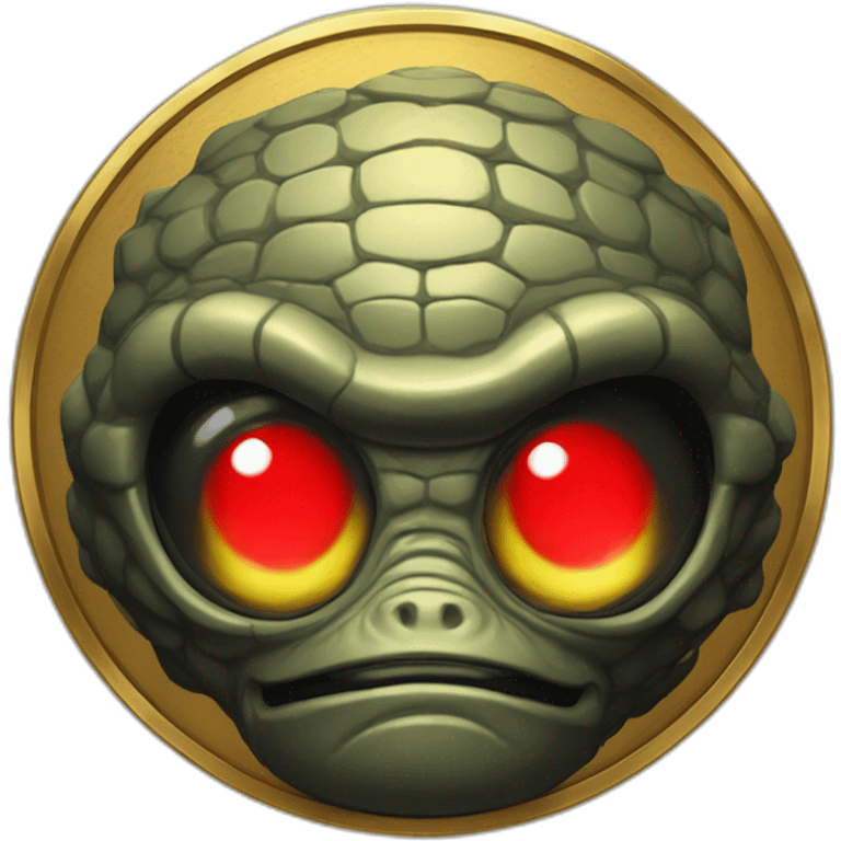 Reptiloid in black suite with red laser eyes on the gold coin emoji