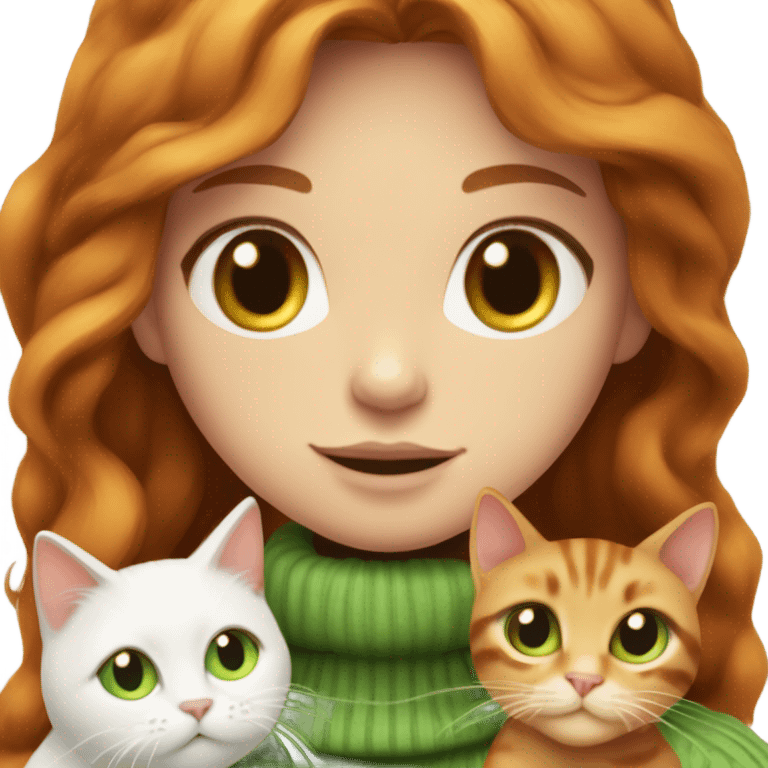 ginger girl with wavy long hair and green eyes in turtle neck white sweater cuddling with a brown cat emoji