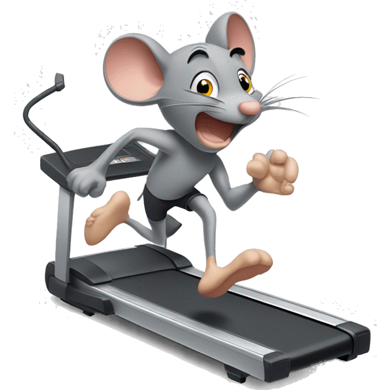 a grey mouse running flatout on a treadmil with sweat pouring off of his forehead.  emoji