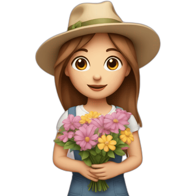 white skin, Girl with a hat, brown hair straight to the shoulders, holding a bouquet of flowers emoji