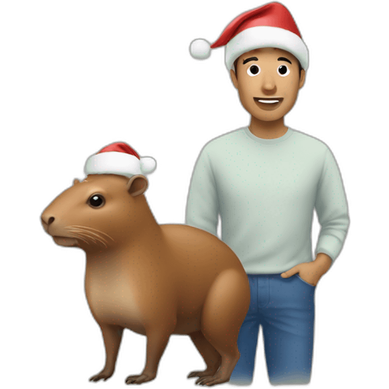 man next to a capibara with a Christmas hat emoji