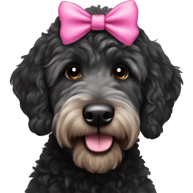 Black golden doodle with a pink bow emoji