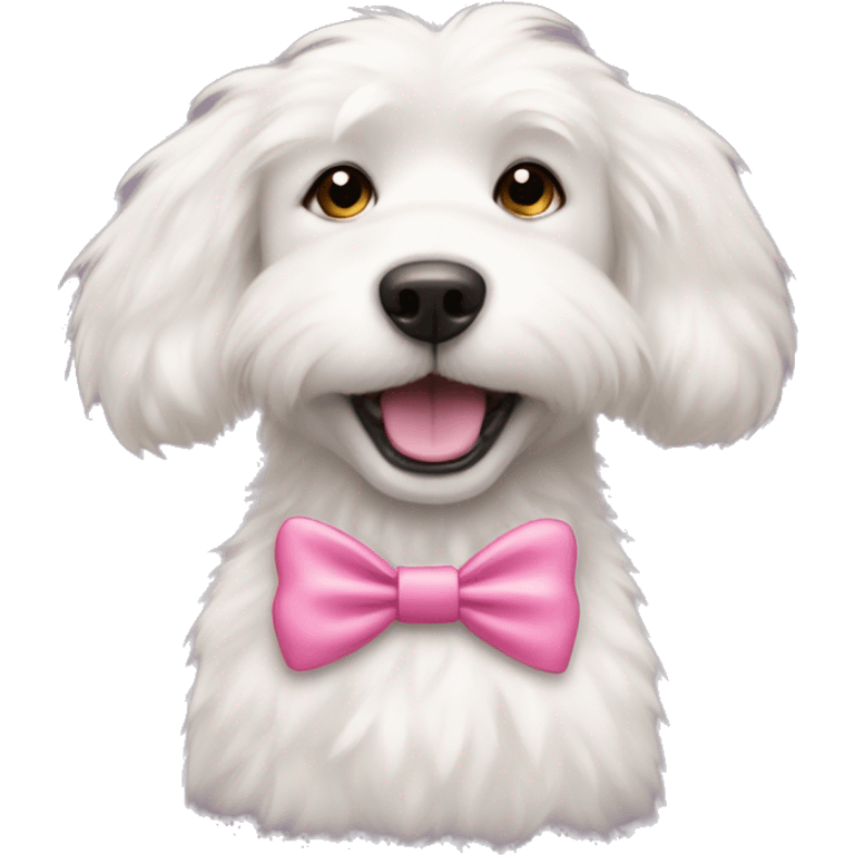 A fluffy white dog wearing a pink   Bow  emoji