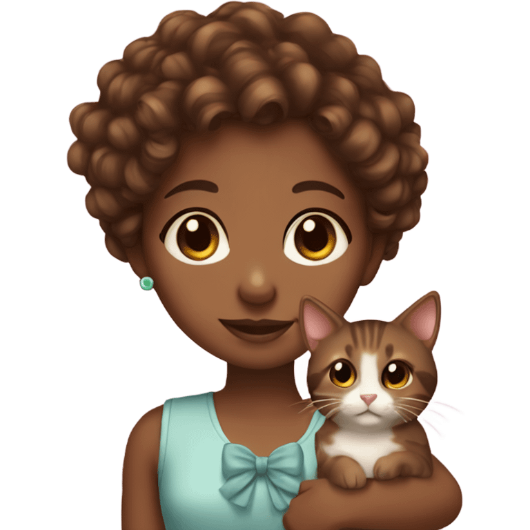 Girl with brown eyes brown skin and brown curly hair holding a cute cat with a bow emoji