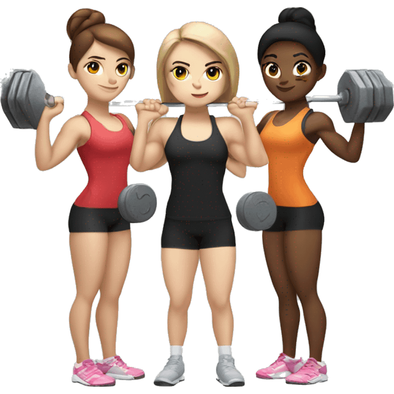 Three white girls with brown hair or black hair doing Olympic weightlifting with a barbell emoji