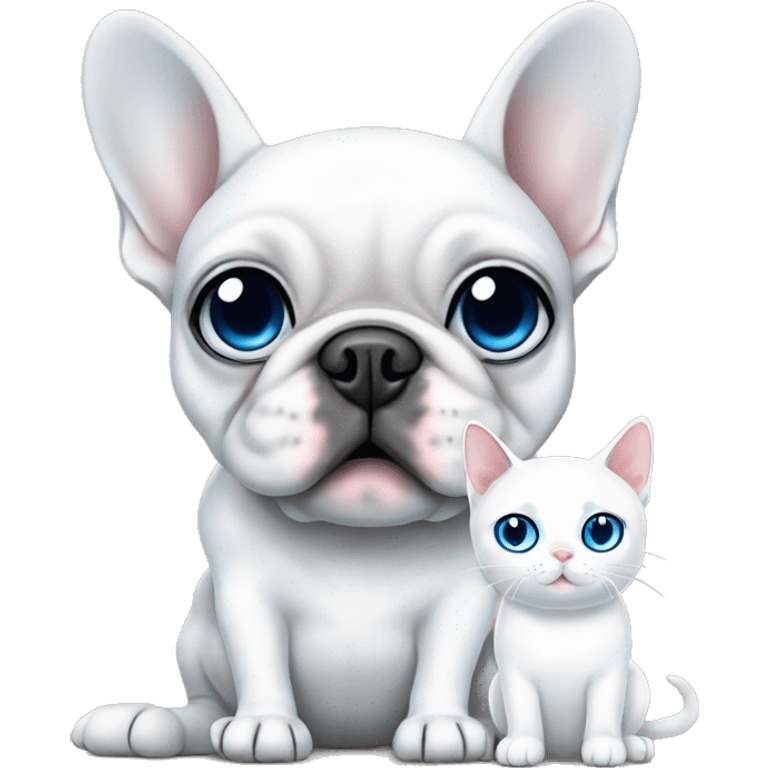 White French bulldog with blue eyes and a white cat with blue eyes sitting together emoji