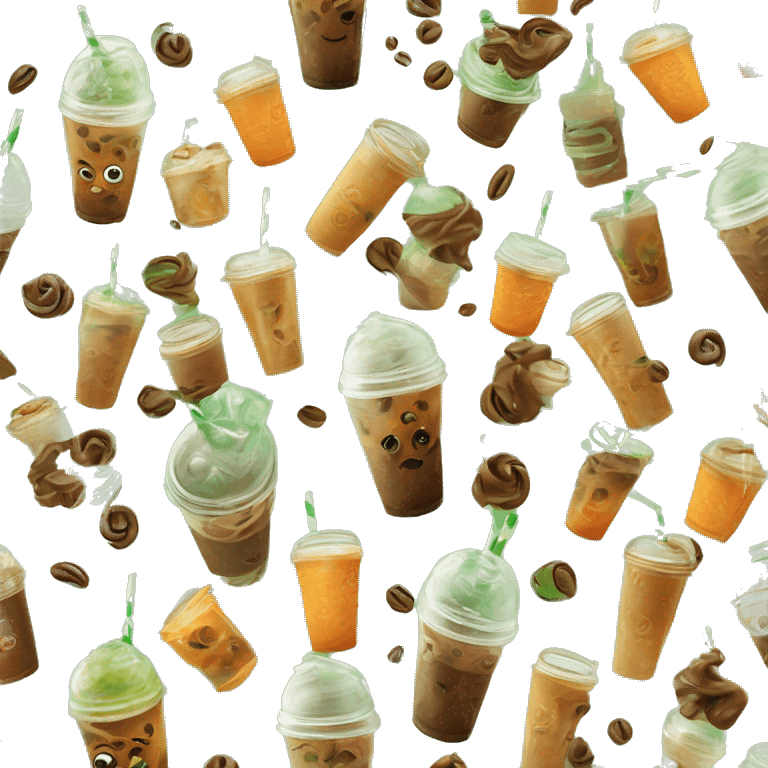 Realistic clear green ,orange,and brown swirled iced coffee inside and green curled straw in the top of the lid. emoji