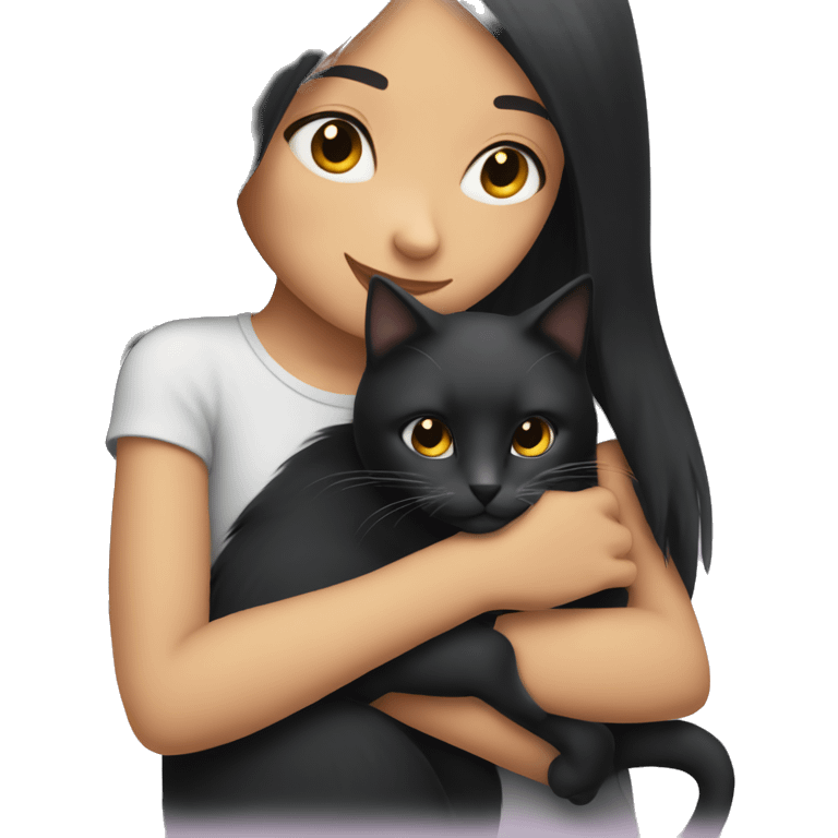 girl with very long black hair hugging a cat  emoji