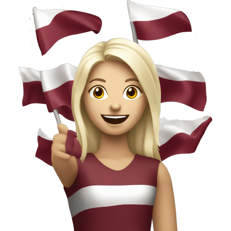 Happy blonde woman with a flag of Latvia in hands emoji