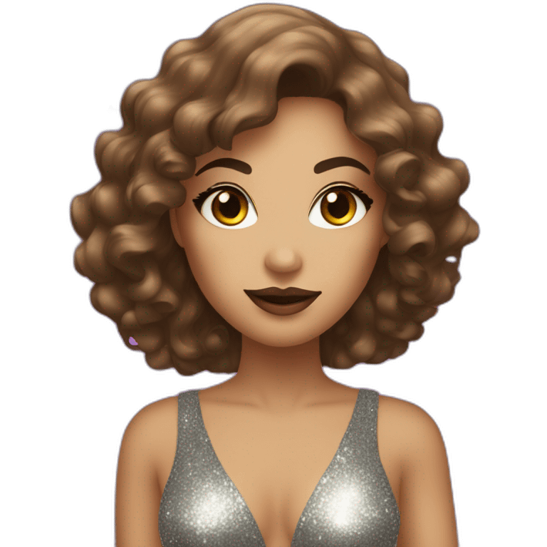 female with brown wavy hair dressed in a glitter dress and makeup, with disco ball emoji