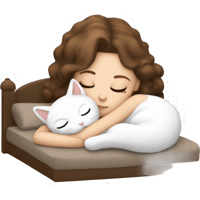 White girl brown hair sleeping with white kitty emoji